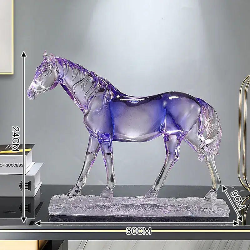 Translucent purple glass horse figurine with detailed musculature on textured base in decorbites horse resin ornament