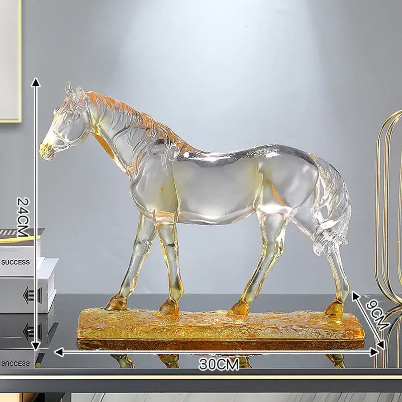 Transparent glass horse resin ornament with blue and purple hues and golden accents by Decorbites for living room decor