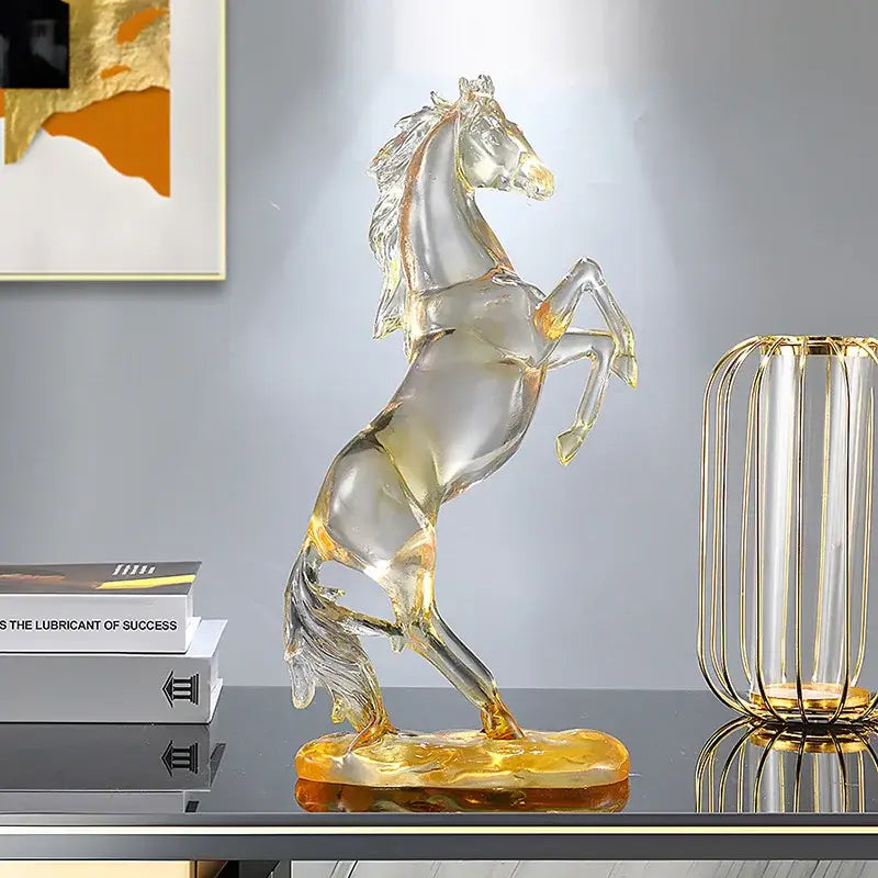Transparent amber glass horse resin ornament with golden base for living room decorbites horse resin sculpture