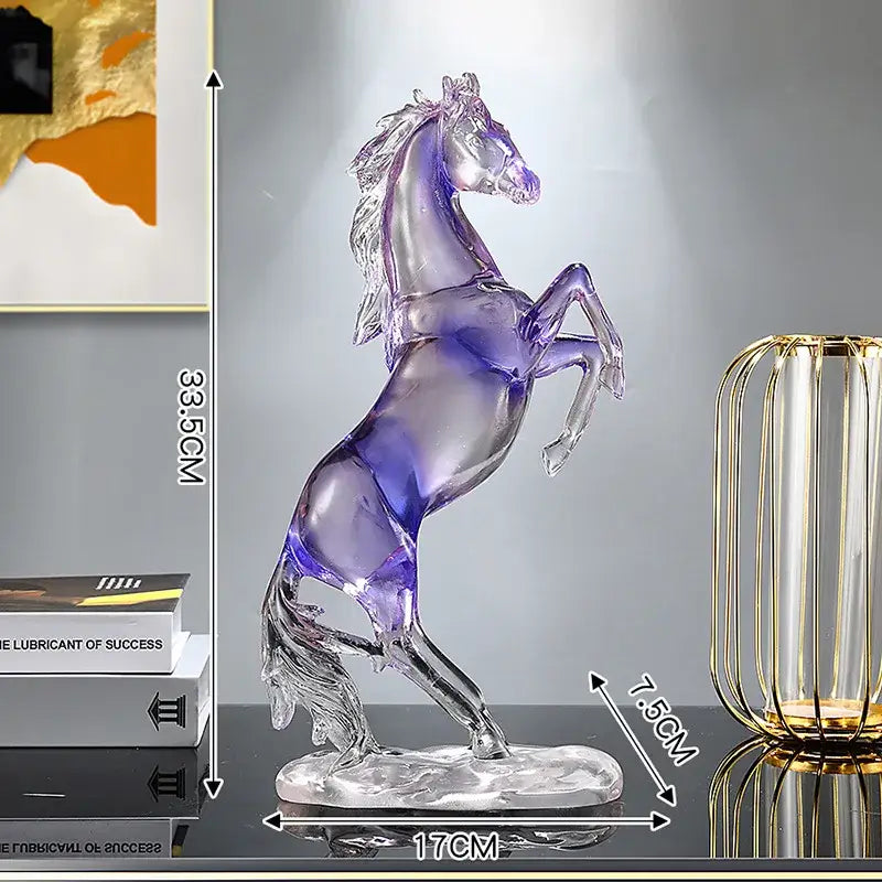 Translucent purple glass horse resin ornament by decorbites in elegant rearing pose for living room decor