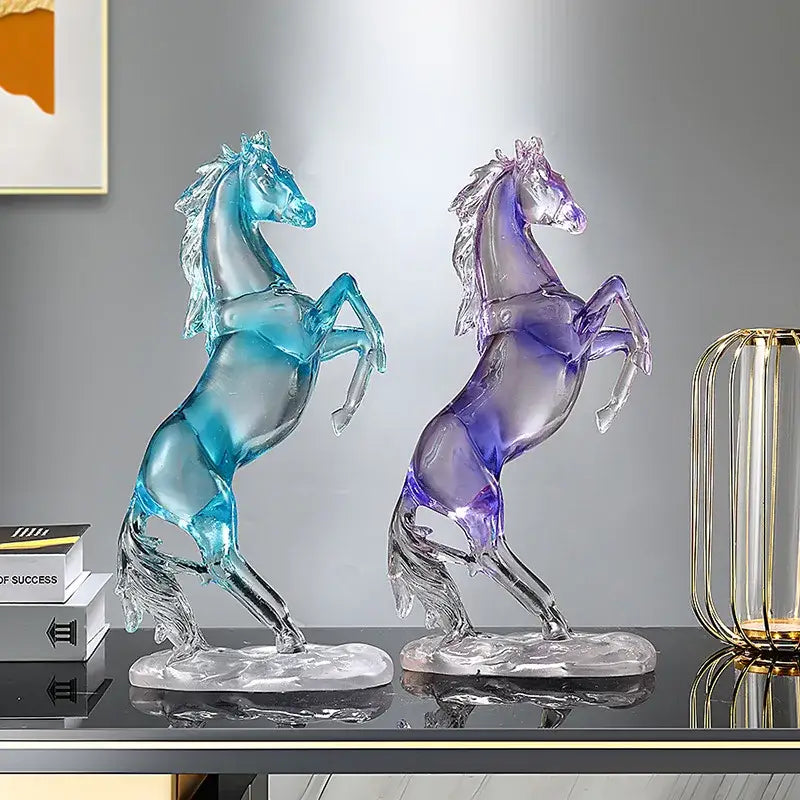 Two translucent horse resin ornaments in vibrant blue and deep purple on clear bases for living room decorbites horse resin display