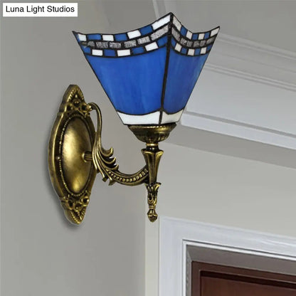 Blue Pyramid Nautical Mission Stained Glass Wall Mount Light - Ideal for Foyer Lighting