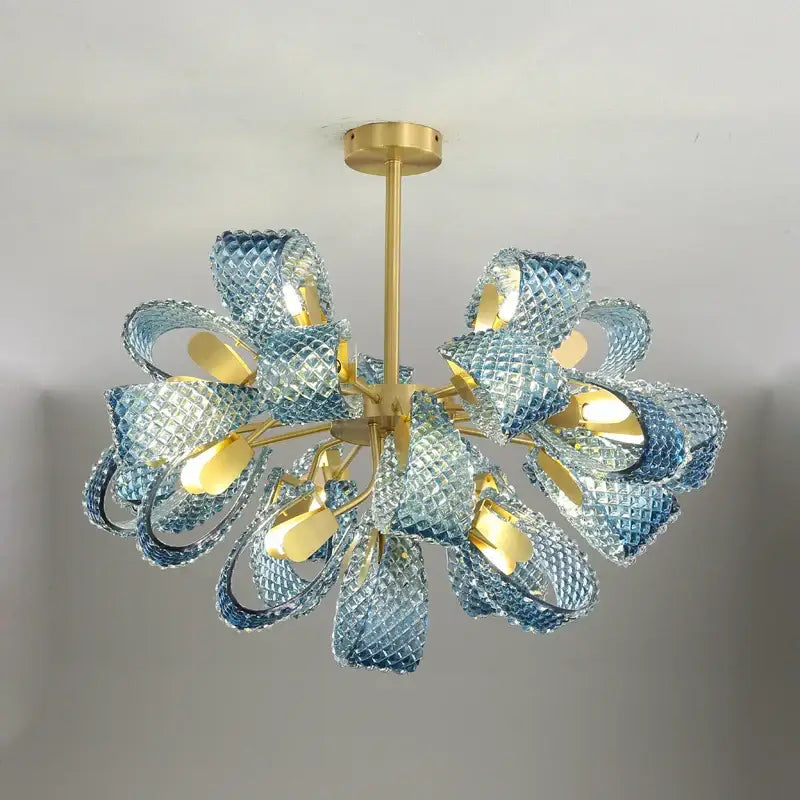 A decorbites blue queen crystal glass chandelier with translucent blue diamond-cut petals and polished brass fixture