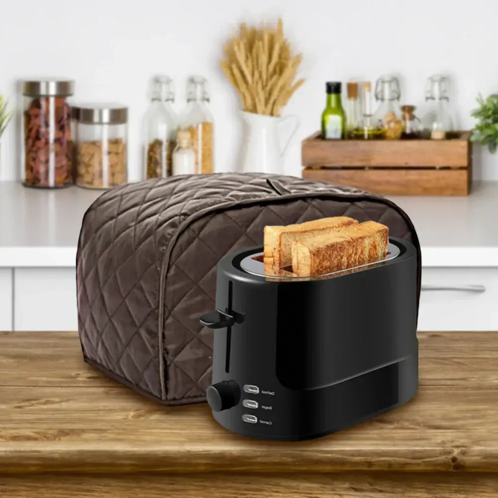 Black 4 slice toaster with a quilted brown slice toaster cover for kitchen appliance protection