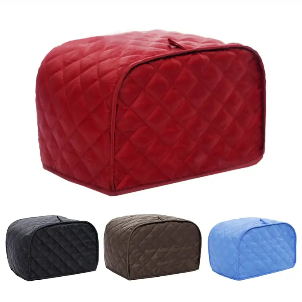 Red quilted fabric bread machine cover shown with blue quilted 4 slice toaster cover kitchen appliance protector