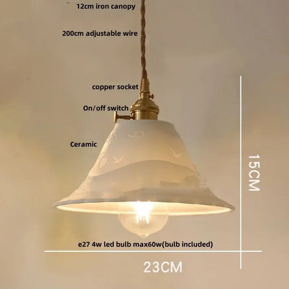 Off-white ceramic led pendant lamp with bird motifs brass copper socket and adjustable wire suspension decorbites ceramic led