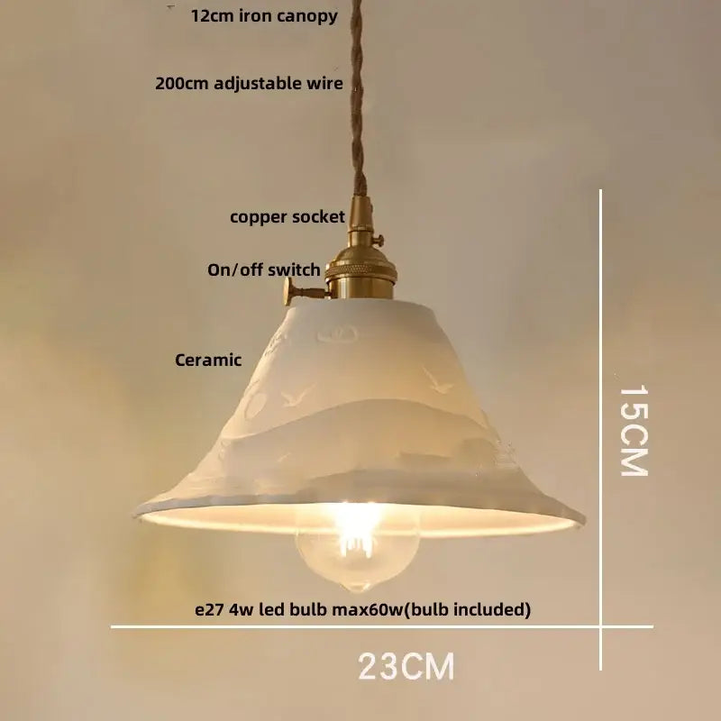 Off-white ceramic led pendant lamp with bird motifs brass copper socket and adjustable wire suspension decorbites ceramic led
