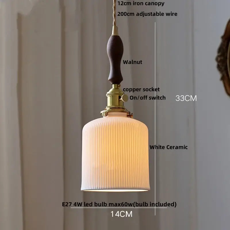 Blue ribbed ceramic led pendant lamp with white ridged ceramic shade, brass accents, and adjustable iron wire suspension