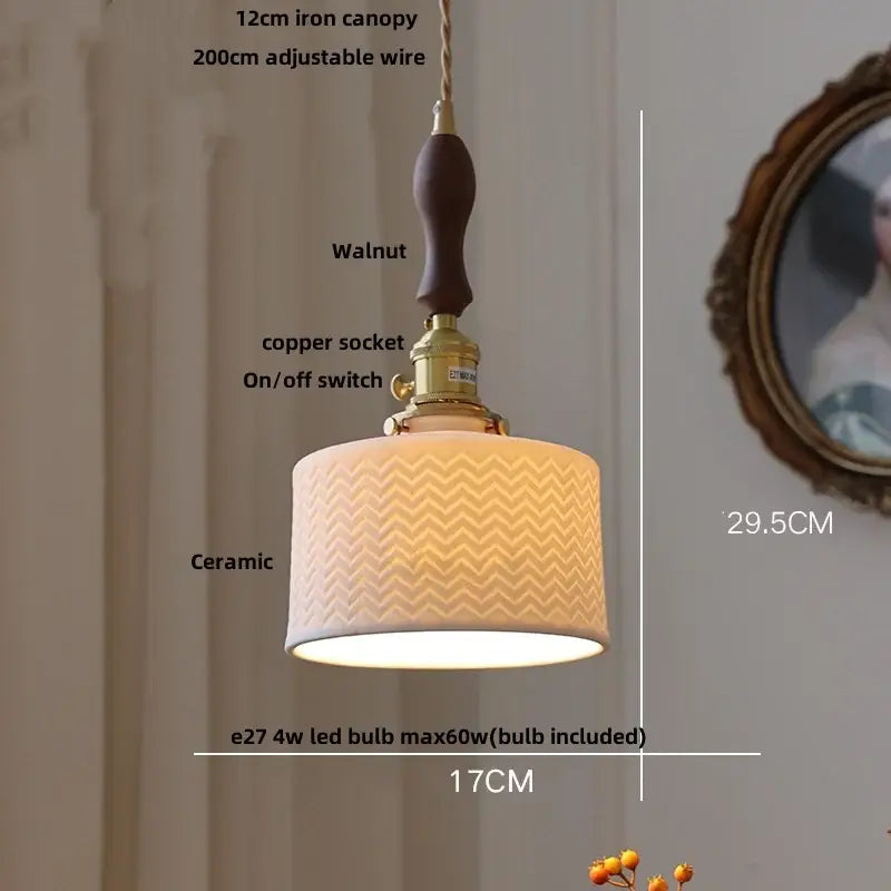 A warm-toned ceramic led pendant lamp with chevron-patterned shade, walnut canopy, and brass decorbites ceramic led accents