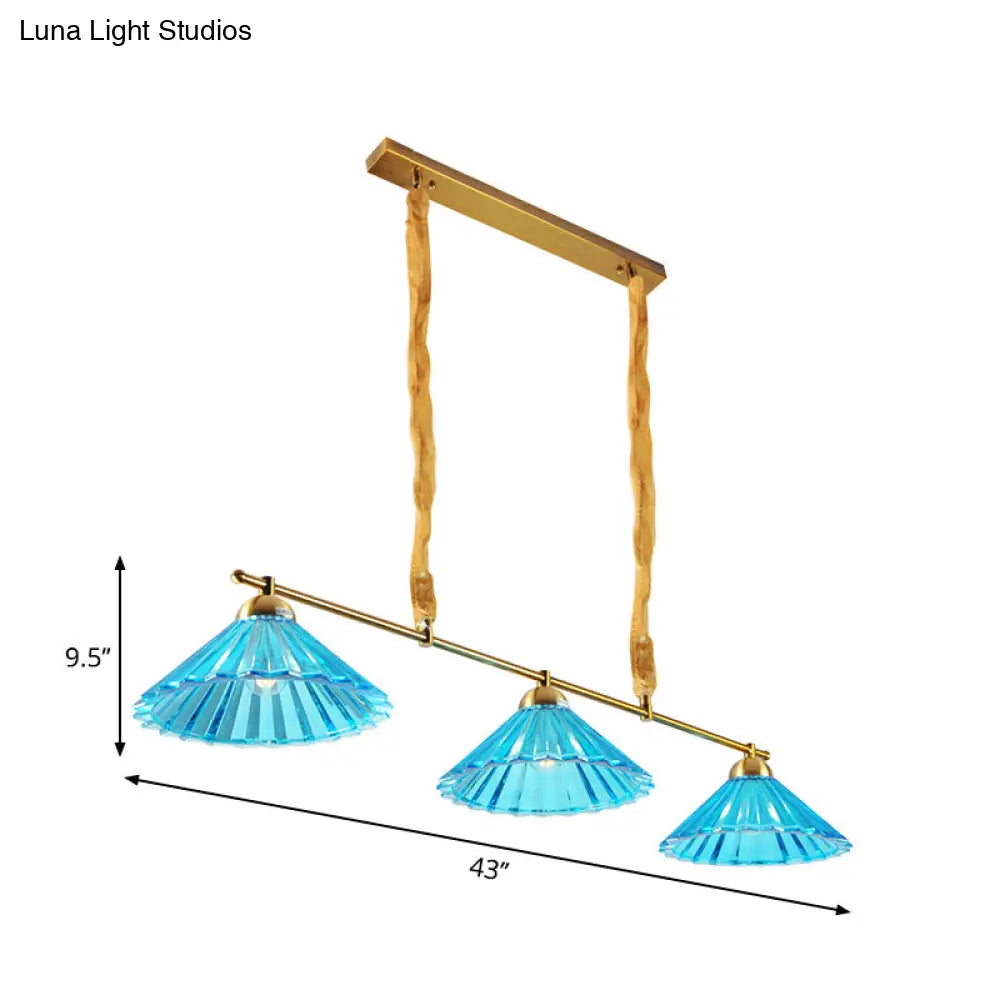 مصباح معلق مخروطي زجاجي أزرق مضلع من DecorBites™ - مصباح غرفة طعام تقليدي بثلاث مصابيح
