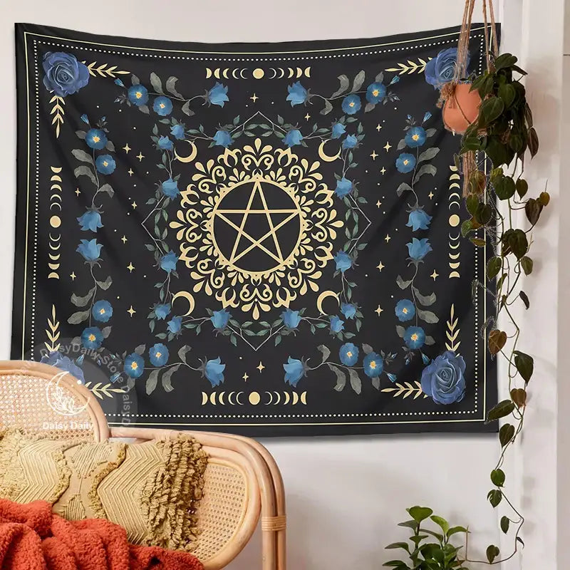 Black tapestry decorbites blue rose featuring a gold pentagram with blue flowers crescent moons and stars wall hanging