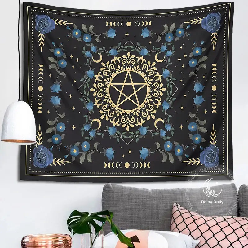 Black tapestry decorbites blue rose featuring a golden pentagram with blue rose moon floral patterns and gold accents