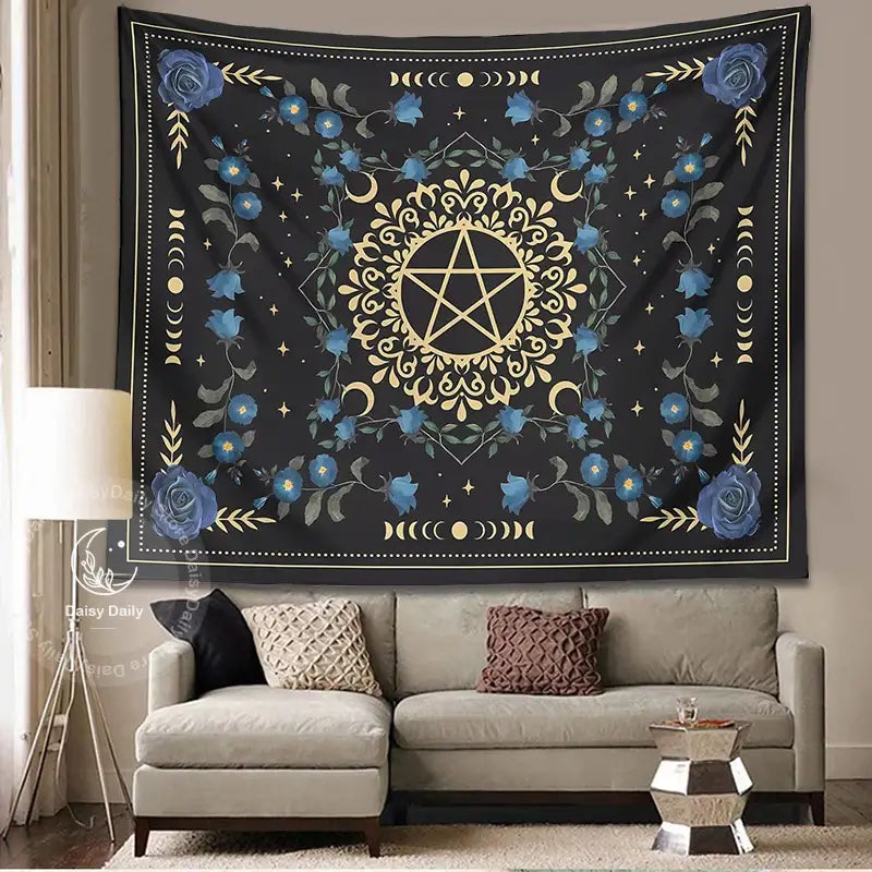 Black tapestry wall hanging featuring a golden pentagram blue rose moon floral patterns and moon phases decorbites blue rose