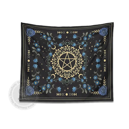 Black tapestry wall hanging featuring a gold pentagram with blue rose moon floral and decorative borders for decorbites blue rose decor