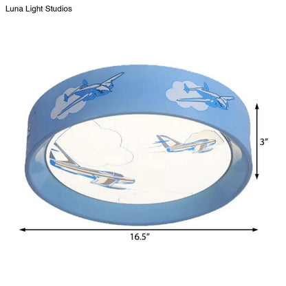 DecorBites™ Blue Round Flush Mount Ceiling Light with Cartoon Plane Design - Perfect for Bedroom