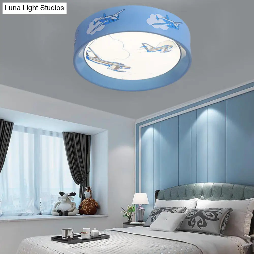 DecorBites™ Blue Round Flush Mount Ceiling Light with Cartoon Plane Design - Perfect for Bedroom