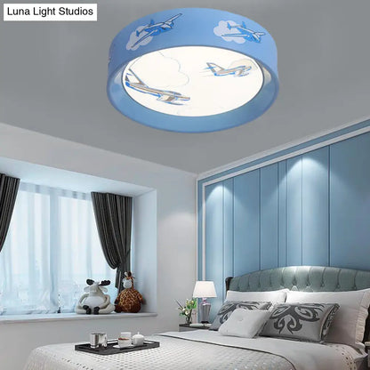 DecorBites™ Blue Round Flush Mount Ceiling Light with Cartoon Plane Design - Perfect for Bedroom
