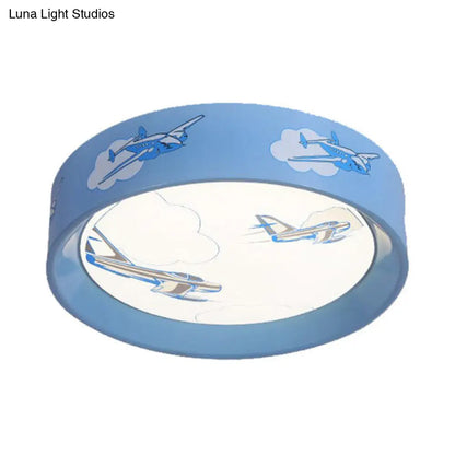 DecorBites™ Blue Round Flush Mount Ceiling Light with Cartoon Plane Design - Perfect for Bedroom