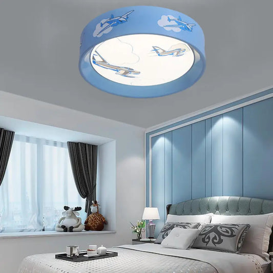 DecorBites™ Blue Round Flush Mount Ceiling Light with Cartoon Plane Design - Perfect for Bedroom
