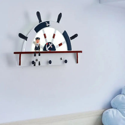 Aplique de pared LED Blue Sailor Mediterranean con timón de madera para montaje empotrado