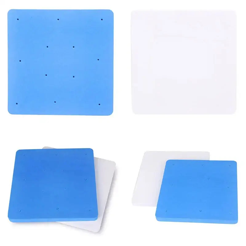 Blue and white silicone cake shaping mat with evenly spaced perforations for precise cake shaping and dessert tools