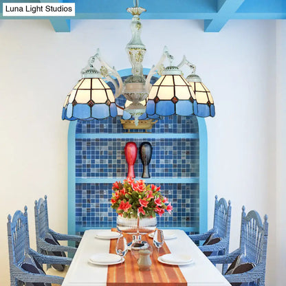 Blue Stained Glass 5-Light Chandelier with Adjustable Chain for Foyer