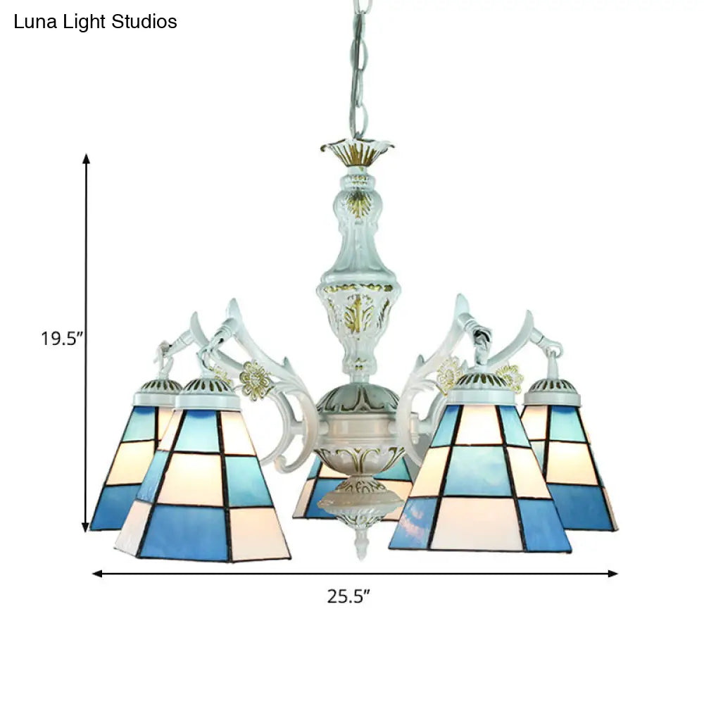 Blue Stained Glass 5-Light Chandelier with Adjustable Chain for Foyer