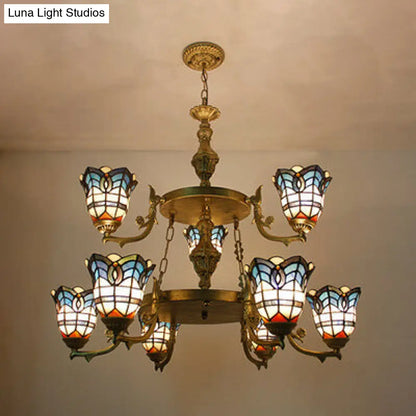 Blue Stained Glass Baroque Bell Chandelier with Adjustable Chain - 2 Tiers Suspended Lighting