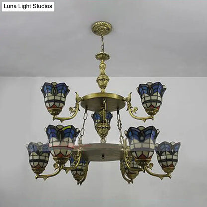 Blue Stained Glass Baroque Bell Chandelier with Adjustable Chain - 2 Tiers Suspended Lighting
