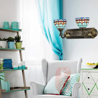 Lámpara de pared estilo barroco con vitral azul, 2 bombillas - Decoración para baño