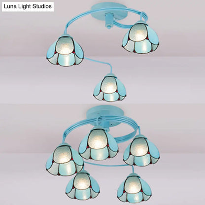 DecorBites™ DecorBites™ Lámpara de techo empotrada de vitral azul - Lámpara semiempotrada estilo Tiffany con 3/5 luces florales