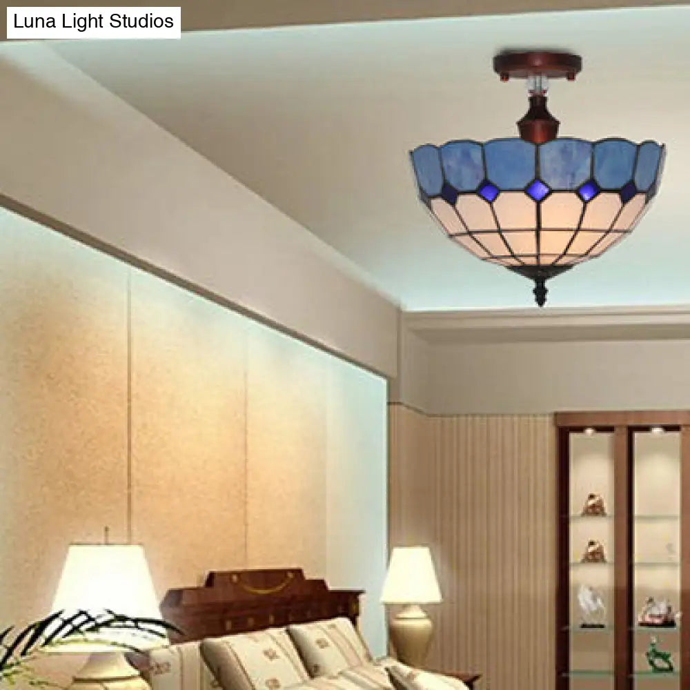 ديكوربايتس™ مصباح سقف من الزجاج الملون باللون الأزرق - وعاء بعرض 12/16 بوصة، مثبت بشكل شبه مسطح - طراز البحر الأبيض المتوسط