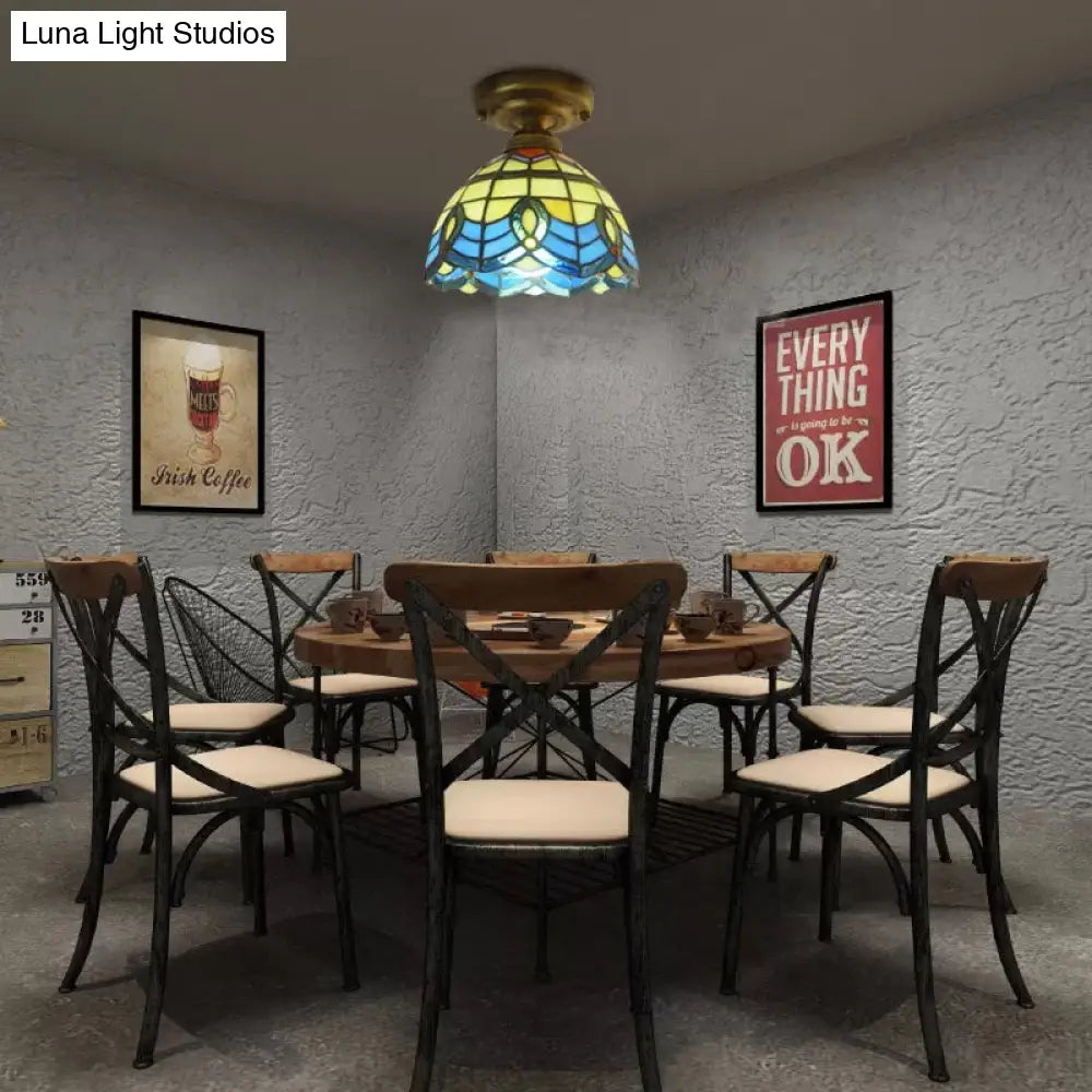 Lámpara de techo DecorBites™ de vitral azul - Estilo barroco, semiempotrada con pantalla en forma de campana