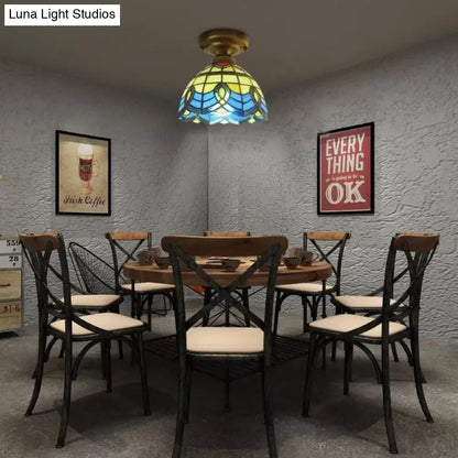 Lámpara de techo DecorBites™ de vitral azul - Estilo barroco, semiempotrada con pantalla en forma de campana