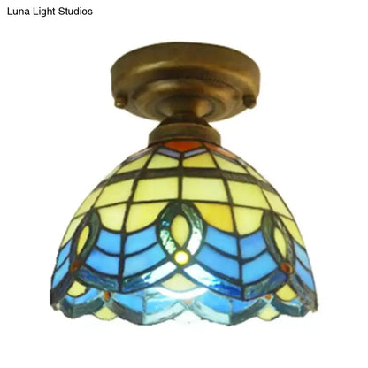 Lámpara de techo DecorBites™ de vitral azul - Estilo barroco, semiempotrada con pantalla en forma de campana