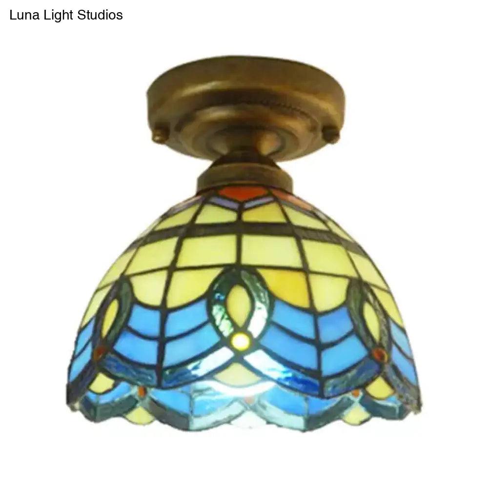 Lámpara de techo DecorBites™ de vitral azul - Estilo barroco, semiempotrada con pantalla en forma de campana