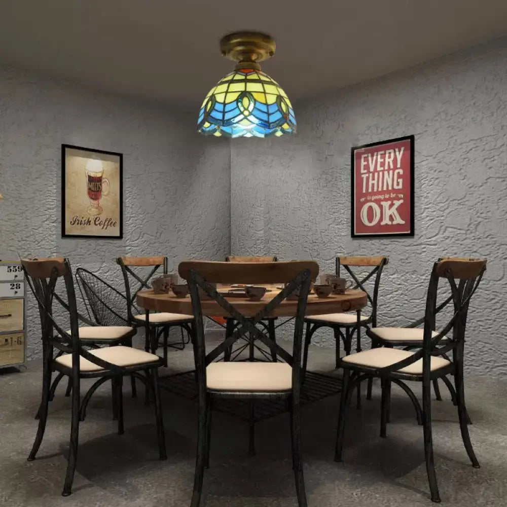 Lámpara de techo DecorBites™ de vitral azul - Estilo barroco, semiempotrada con pantalla en forma de campana