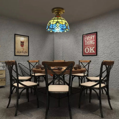 Lámpara de techo DecorBites™ de vitral azul - Estilo barroco, semiempotrada con pantalla en forma de campana