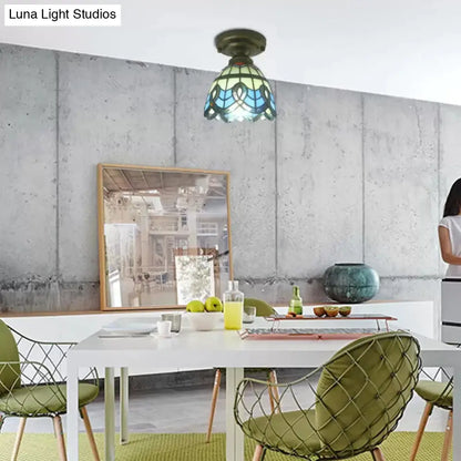 Lámpara de techo DecorBites™ de vitral azul - Estilo barroco, semiempotrada con pantalla en forma de campana