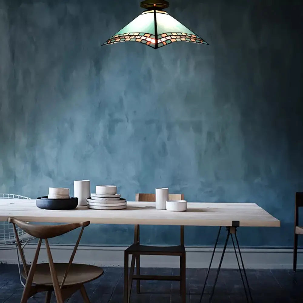 DecorBites™ Blue Stained Glass Ceiling Light - Tiffany Flared Semi Flush Mount for Bedroom