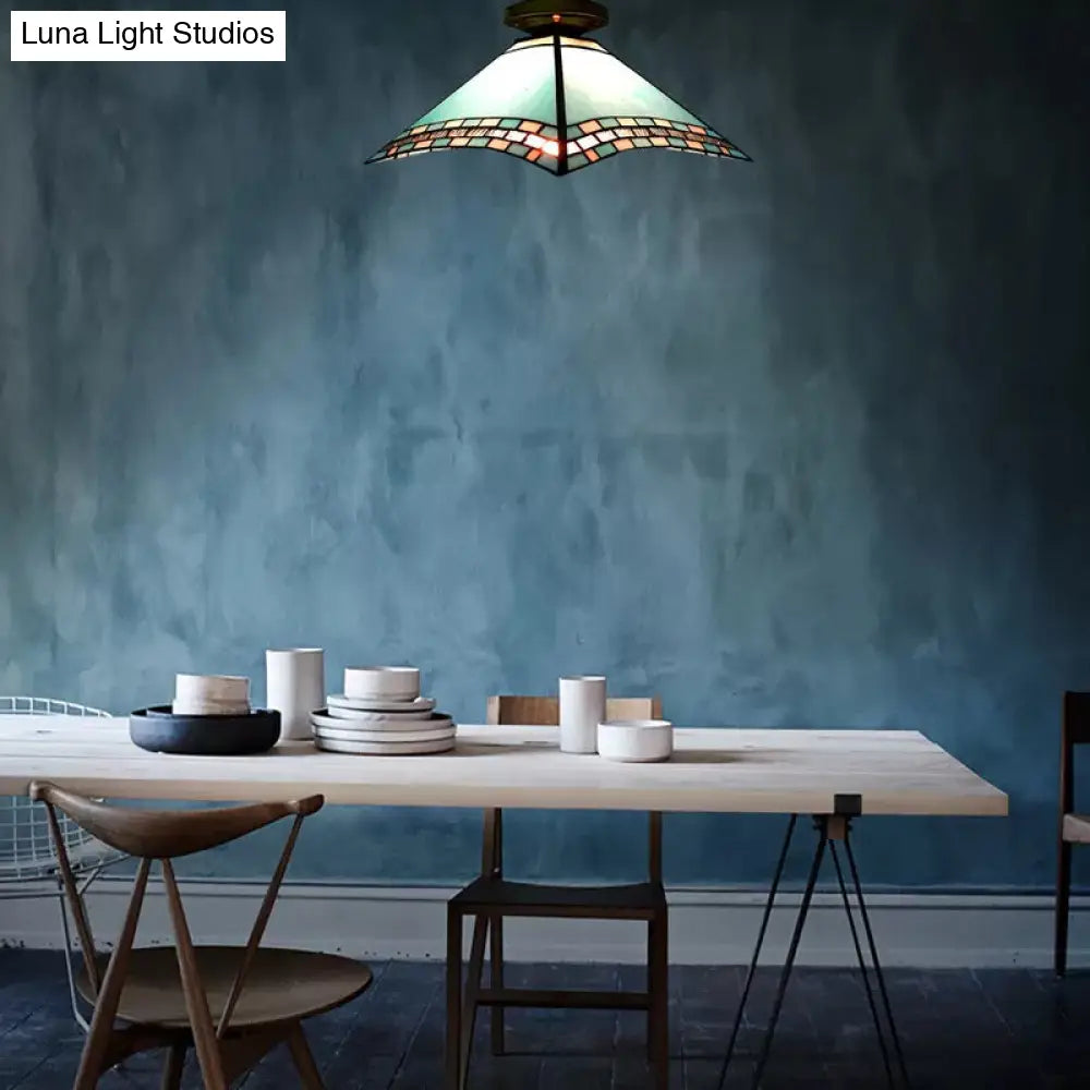 DecorBites™ Blue Stained Glass Ceiling Light - Tiffany Flared Semi Flush Mount for Bedroom