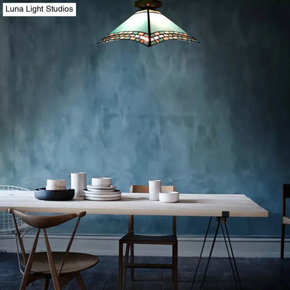 DecorBites™ Blue Stained Glass Ceiling Light - Tiffany Flared Semi Flush Mount for Bedroom