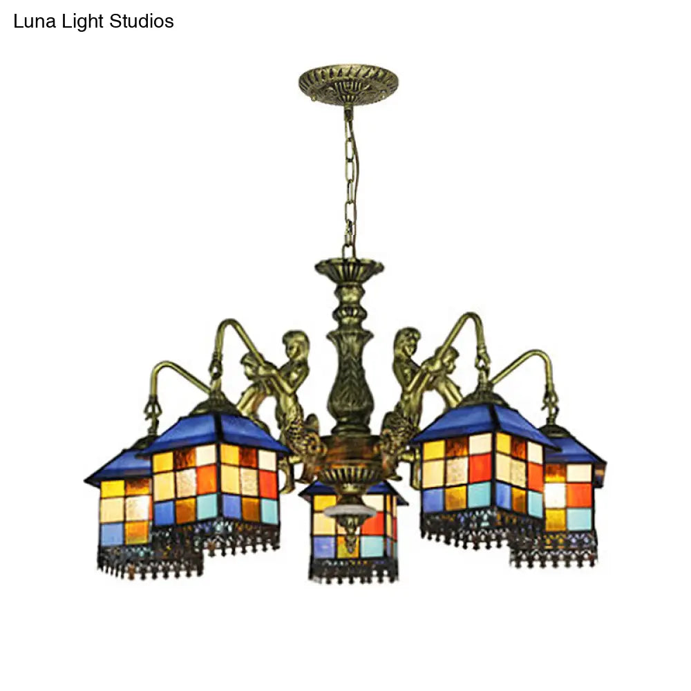 Blue Stained Glass Chandelier Light Fixture for Living Room - Mediterranean House Ceiling Light with 5/9/11 Lights
