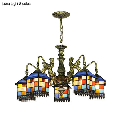 Blue Stained Glass Chandelier Light Fixture for Living Room - Mediterranean House Ceiling Light with 5/9/11 Lights
