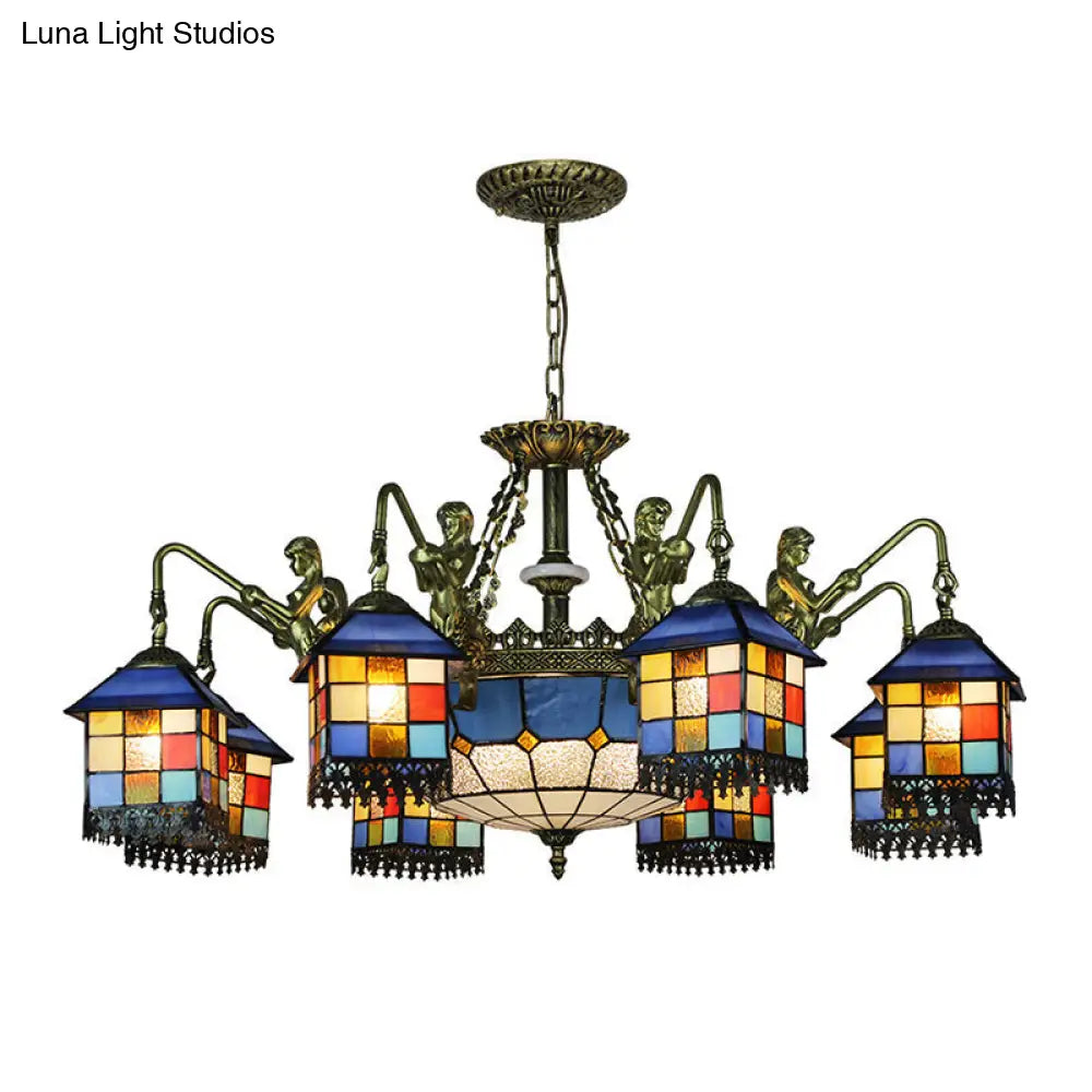 Blue Stained Glass Chandelier Light Fixture for Living Room - Mediterranean House Ceiling Light with 5/9/11 Lights