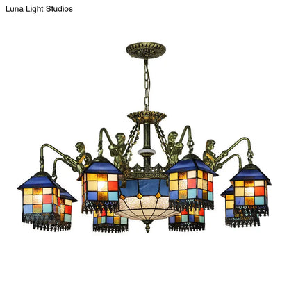 Blue Stained Glass Chandelier Light Fixture for Living Room - Mediterranean House Ceiling Light with 5/9/11 Lights