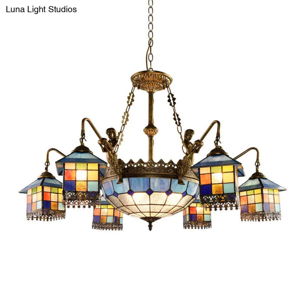 Blue Stained Glass Chandelier Light Fixture for Living Room - Mediterranean House Ceiling Light with 5/9/11 Lights