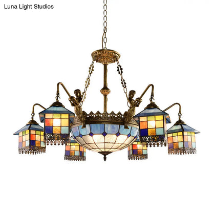 Blue Stained Glass Chandelier Light Fixture for Living Room - Mediterranean House Ceiling Light with 5/9/11 Lights