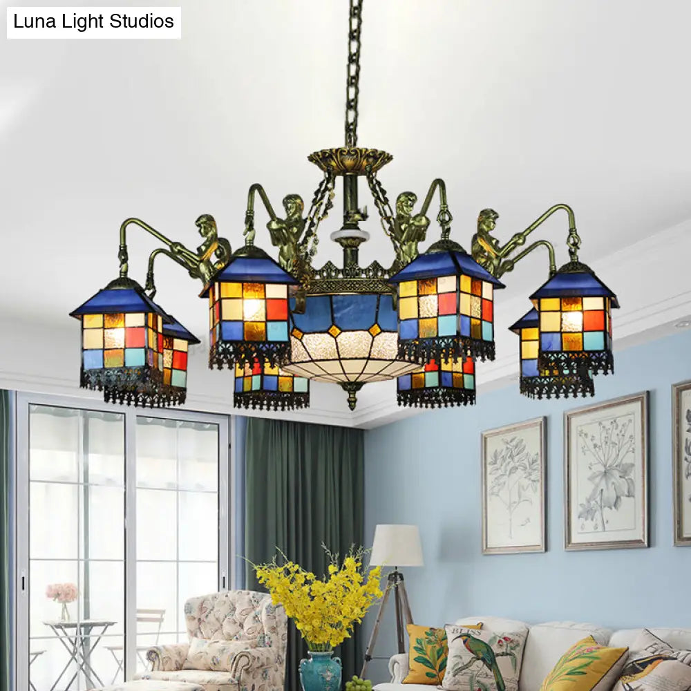 Blue Stained Glass Chandelier Light Fixture for Living Room - Mediterranean House Ceiling Light with 5/9/11 Lights