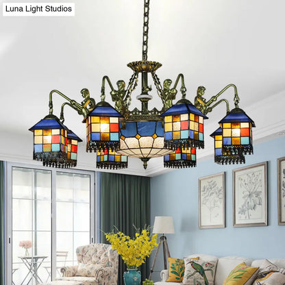 Blue Stained Glass Chandelier Light Fixture for Living Room - Mediterranean House Ceiling Light with 5/9/11 Lights